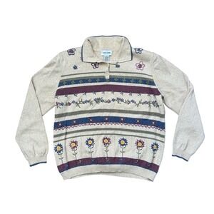 VTG embroidered floral 3D sweater collard ramie cotton alfred dunner L cottage